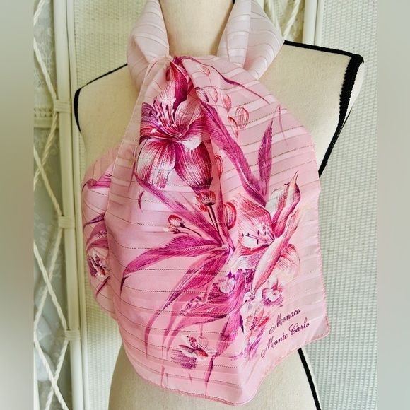 Vintage 1970s Scarf Sheer Oblong:  Monaco Monte Carlo Printed, Pink Rose Floral - Picture 2 of 15
